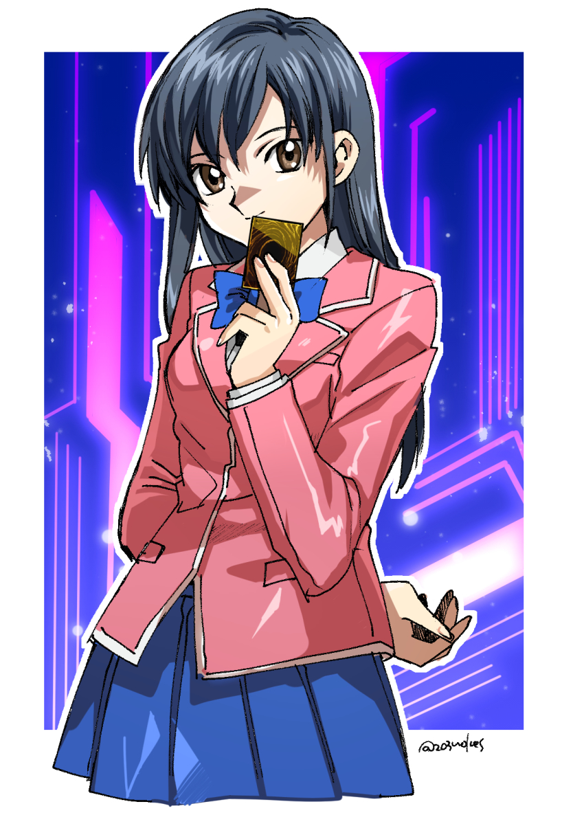 1girl 203wolves black_hair breasts brown_eyes card closed_mouth highres jess_(yu-gi-oh!) long_hair looking_at_viewer school_uniform skirt smile solo yu-gi-oh! yu-gi-oh!_duel_links