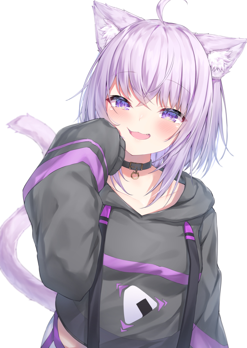 1girl :3 ahoge animal_ear_fluff animal_ears black_choker black_hoodie blush breasts cat_ears cat_tail cheek_squash choker commentary_request cowboy_shot fang hair_between_eyes hand_on_own_cheek hand_on_own_face highres hololive hood hoodie light_purple_hair long_sleeves looking_at_viewer medium_breasts medium_hair midriff nekomata_okayu nekomata_okayu_(1st_costume) onigiri_print open_mouth pants purple_eyes sleeves_past_fingers sleeves_past_wrists smile solo tail topia virtual_youtuber white_pants