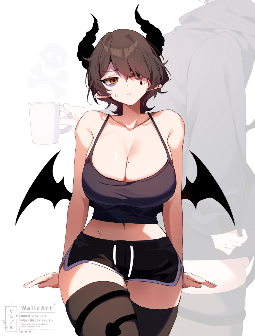 1girl absurdres breasts brown_eyes brown_hair cleavage demon_girl highres large_breasts tank_top weiic