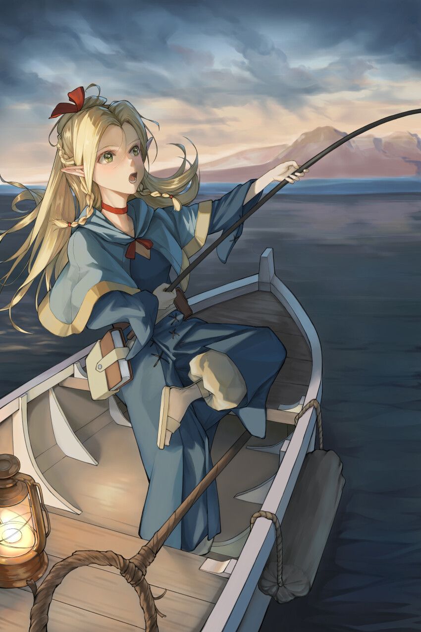 1girl :o absurdres blonde_hair blue_capelet blue_robe boat book capelet dungeon_meshi elf fishing fishing_rod full_body green_eyes highres holding holding_fishing_rod hood hood_down hooded_capelet lantern long_hair long_sleeves looking_afar marcille_donato mountainous_horizon on_boat open_mouth outdoors overcast pointy_ears robe sitting sky slides solo staff tongshan_treeless water watercraft yellow_footwear