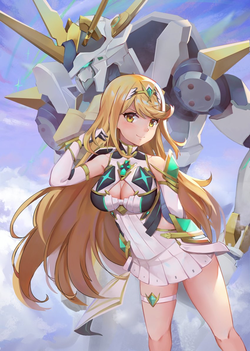 1girl absurdres arm_behind_back bare_legs bare_shoulders blonde_hair breasts chest_jewel cleavage cleavage_cutout clothing_cutout dress earrings elbow_gloves gem gloves hand_up headpiece highres jewelry kiiro_kimi large_breasts long_hair looking_at_viewer mecha mythra_(xenoblade) robot short_dress siren_(xenoblade) sky smile solo swept_bangs thigh_strap tiara very_long_hair white_dress white_gloves xenoblade_chronicles_(series) xenoblade_chronicles_2 yellow_eyes