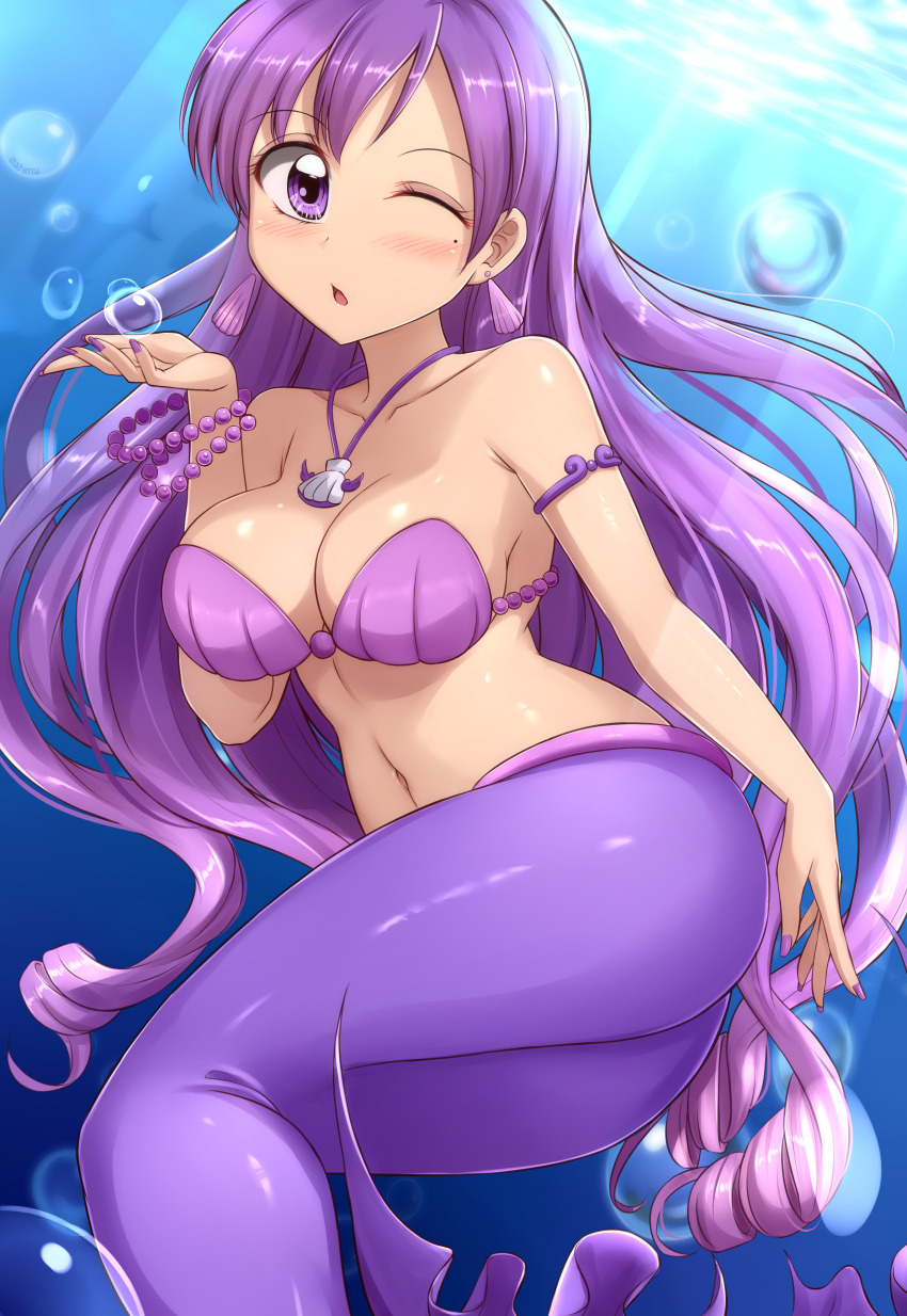 1girl absurdres air_bubble armlet ass bare_shoulders blowing_kiss blush bracelet breasts bubble caren_(mermaid_melody_pichi_pichi_pitch) cleavage collarbone commentary drill_hair earrings hair_between_eyes highres jewelry large_breasts light_rays long_hair looking_at_viewer mermaid mermaid_melody_pichi_pichi_pitch monster_girl nail_polish navel necklace one_eye_closed open_mouth pearl_bracelet purple_eyes purple_hair purple_nails shell shell_bikini shell_earrings shell_necklace sidelocks skywalker0610 solo stomach underwater very_long_hair