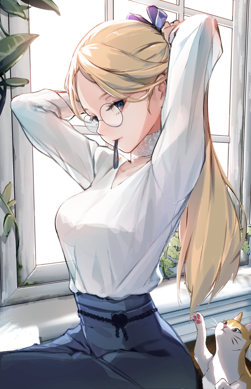 1girl absurdres adjusting_hair blonde_hair blue_eyes blue_skirt breasts cat closed_mouth commentary_request glasses hairband high-waist_skirt highres korean_commentary long_hair long_sleeves medium_breasts mixed-language_commentary original parted_bangs ponytail seuhyo99 shirt skirt solo tying_hair very_long_hair white_shirt window windowsill