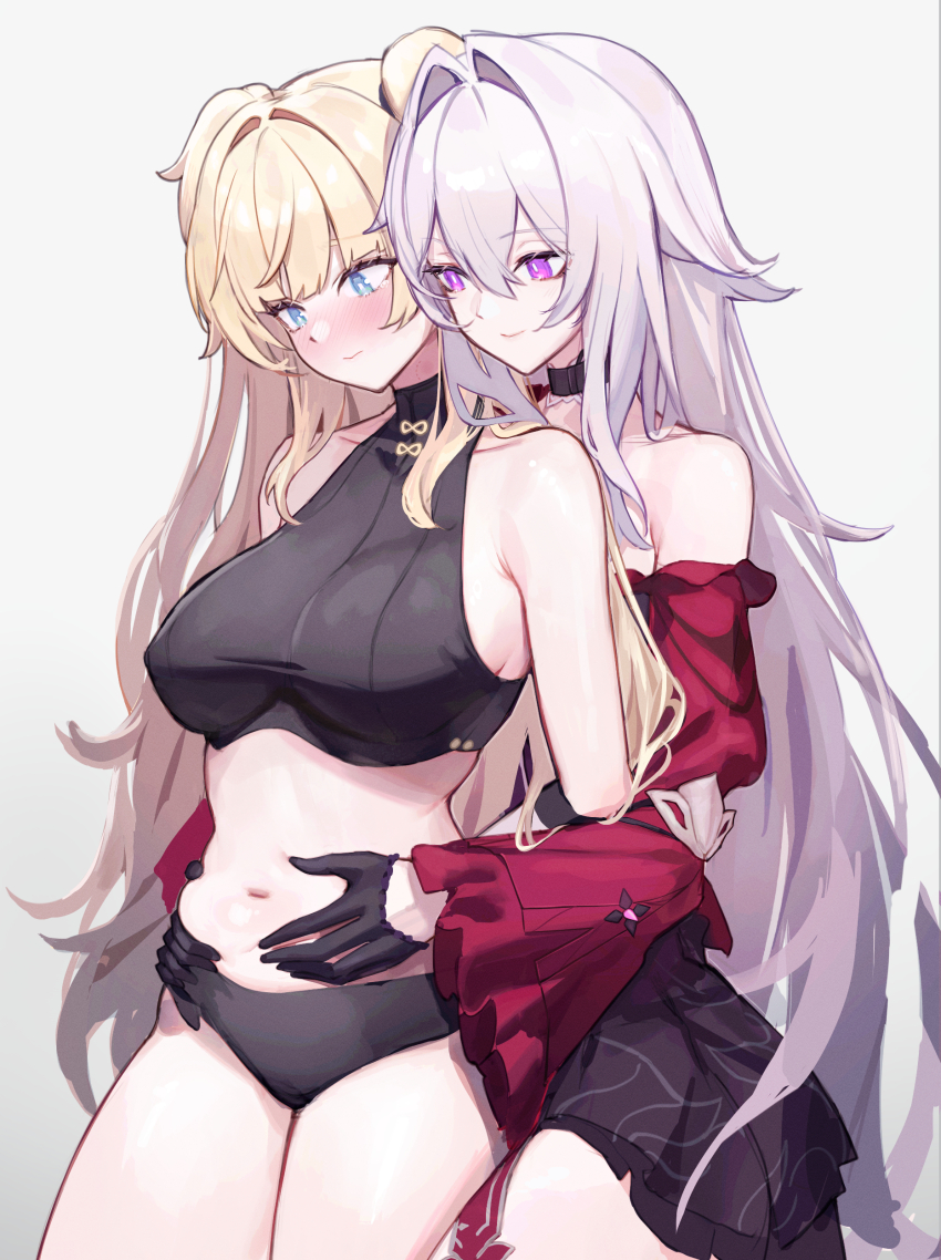 2girls absurdres belly_grab black_gloves black_panties blonde_hair blue_eyes breasts closed_mouth commentary english_commentary gloves gradient_background grey_background highres honkai_(series) honkai_impact_3rd long_hair lysh multiple_girls navel panties purple_eyes smile songque standing stomach thelema_nutriscu thighs underwear white_hair yuri