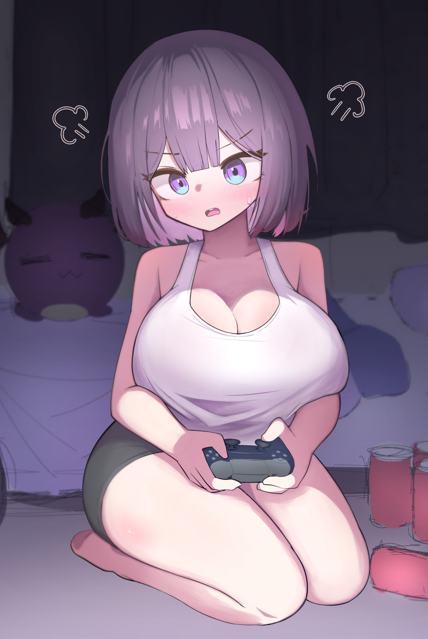 1girl absurdres annoyed bare_shoulders bed bedroom blue_eyes breasts character_request cleavage commentary_request controller copyright_request full_body game_controller hh highres huge_breasts indoors korean_commentary multicolored_eyes playing_games puff_of_air purple_eyes purple_hair short_hair sitting sleeveless solo sweatdrop tank_top thick_thighs thighs virtual_youtuber white_tank_top