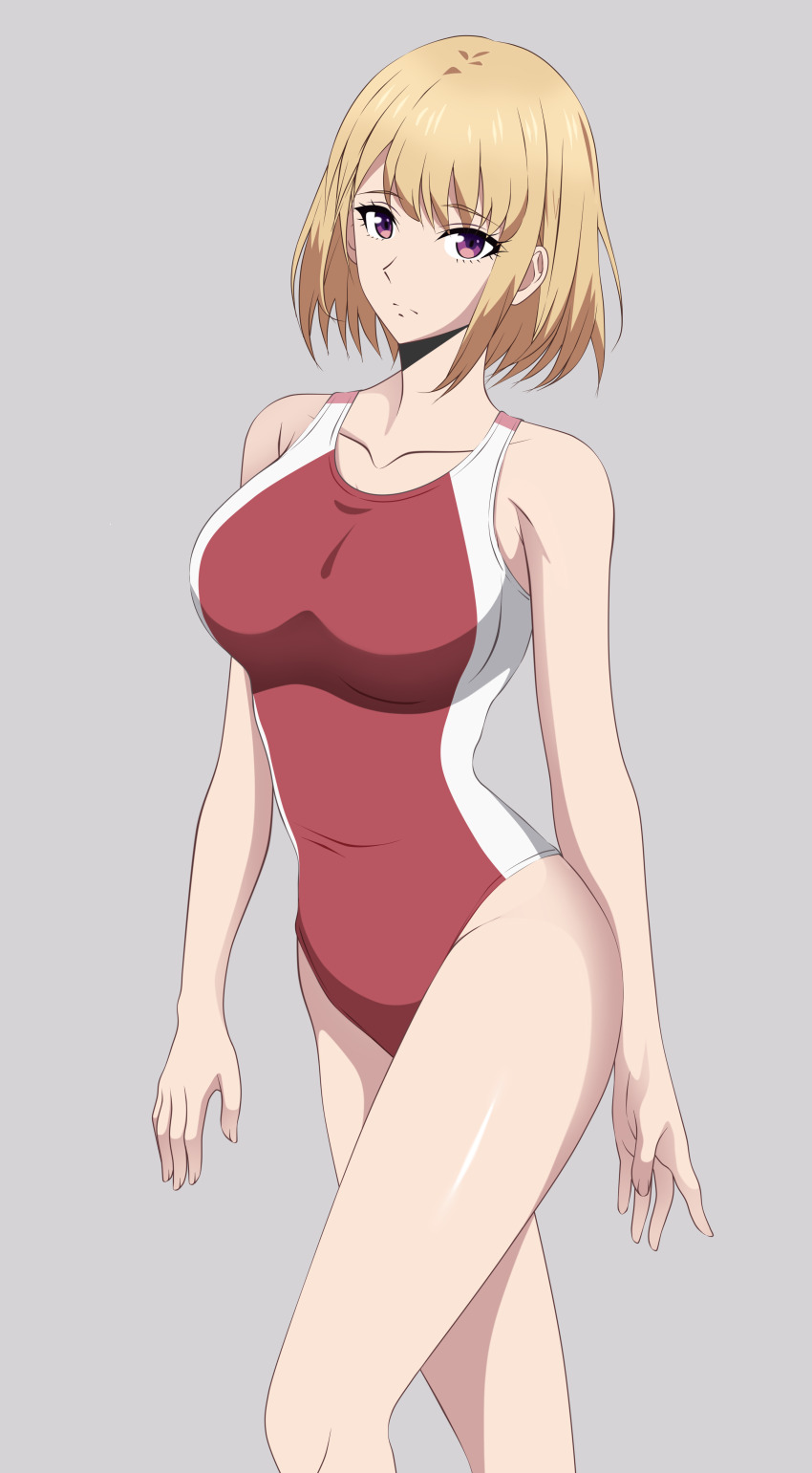 1girl absurdres blonde_hair breasts cha_hae-in closed_mouth collarbone cowboy_shot grey_background highres kiniro_tofu large_breasts looking_at_viewer one-piece_swimsuit purple_eyes red_one-piece_swimsuit short_hair simple_background solo solo_leveling swimsuit