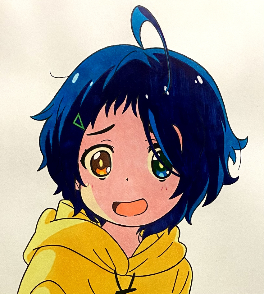 1girl blue_eyes blue_hair brown_eyes coolie_night_light hair_ornament hairclip heterochromia highres hood hoodie light_blush ooto_ai open_mouth short_hair traditional_media wonder_egg_priority yellow_hoodie