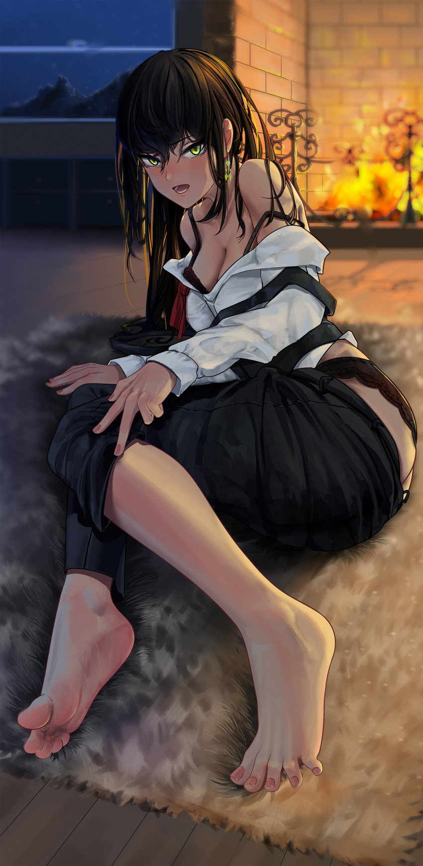 1girl absurdres barefoot black_hair blush bra feet fireplace highres long_hair looking_at_viewer open_mouth panties soles suou_makoto toes underwear yellow_eyes