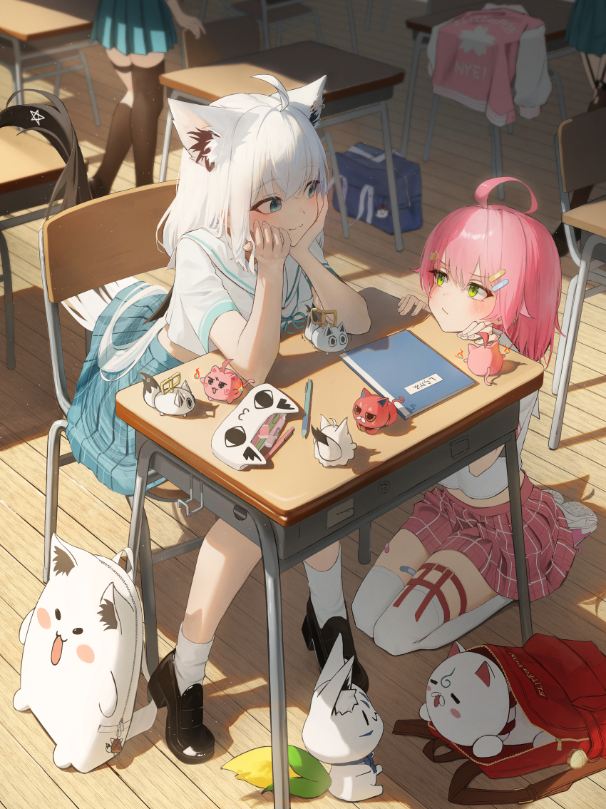 35p_(sakura_miko) 4girls absurdres ahoge alternate_costume animal_ear_fluff animal_ears asymmetrical_legwear bag bandaid bandaid_hair_ornament bandaid_on_thigh black_socks black_thighhighs blue_bag blue_eyes blue_ribbon blue_skirt blush book cat_hair_ornament chair classroom closed_mouth commentary cropped_shirt desk elbows_on_table fox_ears fox_girl fox_tail full_body green_eyes hair_ornament hands_on_table head_on_table head_rest highres hololive indoors isolatediev jacket kapumin_(yozora_mel) kintoki_(sakura_miko) kneehighs kneeling long_hair looking_at_another maguchi_(sakura_miko) midriff_peek miniskirt miteiru_(shirakami_fubuki) multiple_girls neck_ribbon nejima_kitsune_(shirakami_fubuki) official_alternate_costume on_chair pencil_case pink_hair plaid_clothes plaid_skirt pleated_skirt ribbon sailor_collar sakura_miko sakura_miko_(school_uniform) school school_bag school_chair school_desk school_uniform serafuku shadow shirakami_fubuki shirt shoes single_kneehigh single_sock single_thighhigh sitting skirt smile sneakers socks sukonbu_(shirakami_fubuki) tail thigh_strap thighhighs translated uneven_legwear unworn_jacket virtual_youtuber white_sailor_collar white_serafuku white_shirt white_thighhighs