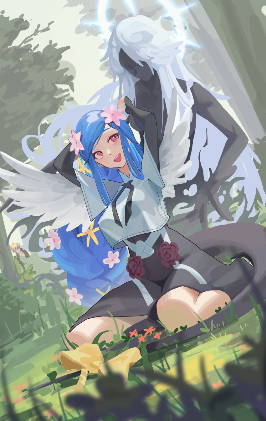 1boy 1girl absurdres angel_wings black_dress black_gloves braid braided_ponytail breast_curtains breasts crop_top ddul_(hauluimubingoj1) dizzy_(guilty_gear) dress fingerless_gloves flower forest gloves grass guilty_gear guilty_gear_strive hair_flower hair_ornament halo highres ky_kiske large_breasts long_hair nature open_mouth pink_flower queen_dizzy red_flower ribbon sitting solo spiked_halo swept_bangs tail tail_ornament tail_ribbon tree undine_(guilty_gear) wariza wings yellow_flower