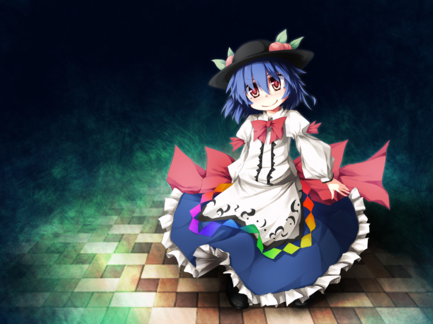 1girl :&gt; alternate_hair_length alternate_hairstyle blue_hair female_focus food fruit hat hinanawi_tenshi long_skirt peach red_eyes sasasa_(nashi) short_hair skirt solo touhou