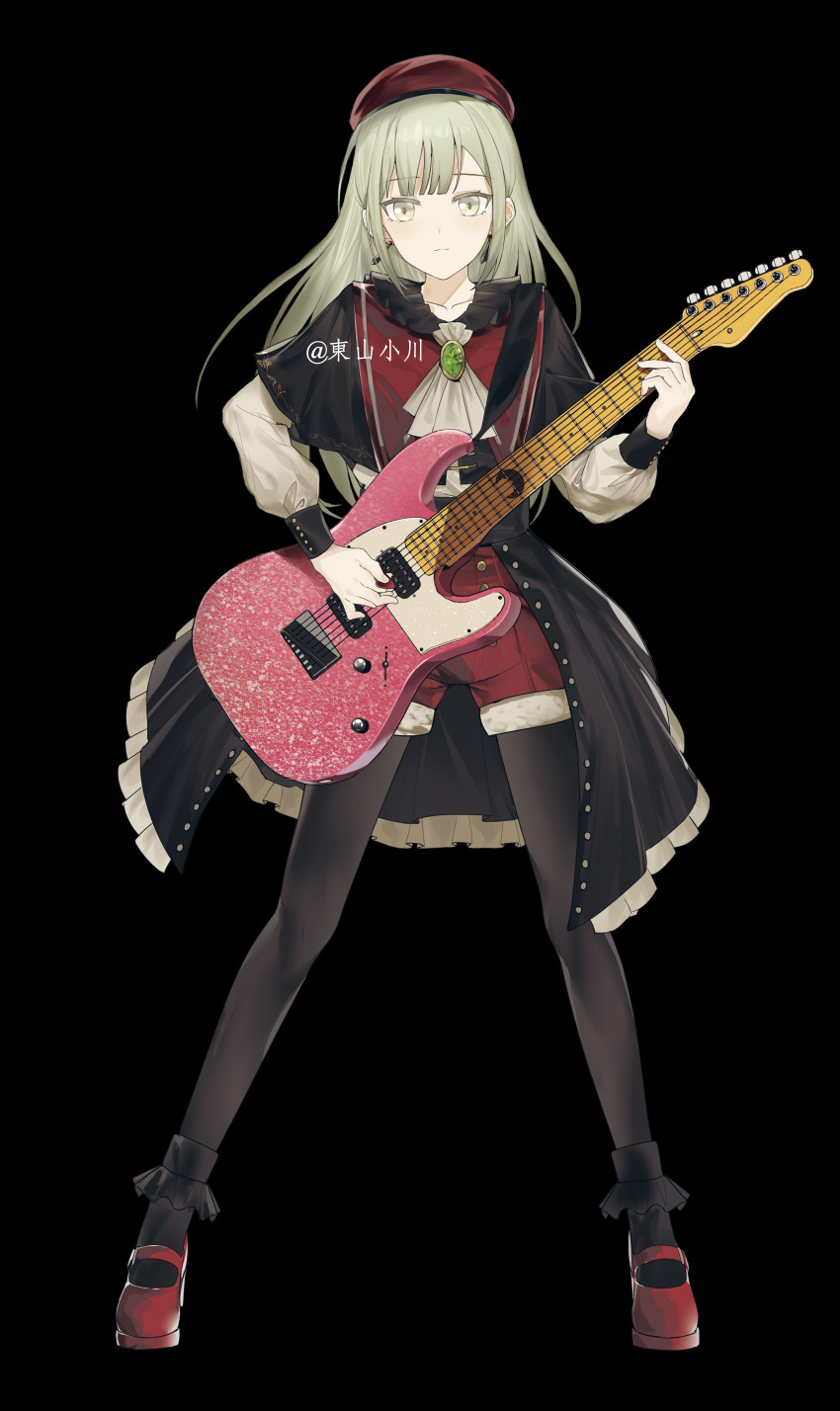 1girl 7-string_guitar absurdres anli_(jwcpp4sum0mgk5r) artist_collaboration ascot bang_dream! bang_dream!_it&#039;s_mygo!!!!! beret black_background black_capelet black_pantyhose black_skirt black_socks capelet chinese_commentary collarbone commentary_request earrings electric_guitar full_body goualice green_brooch green_hair guitar hat highres holding holding_guitar holding_instrument holding_plectrum instrument jewelry long_sleeves looking_at_viewer mortis_(bang_dream!) pantyhose pantyhose_under_shorts plectrum red_footwear red_hat red_shorts shirt shorts showgirl_skirt simple_background skirt socks solo wakaba_mutsumi white_ascot white_shirt yellow_eyes