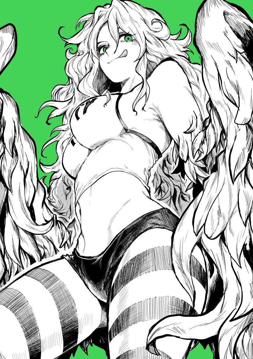 1girl absurdres bare_shoulders breasts clothes_writing commentary_request duplicate feathered_wings feathers green_background green_eyes green_theme greyscale_with_colored_background harpy highres impossible_clothes licking_lips long_hair medium_breasts messy_hair midriff monet_(one_piece) monster_girl naughty_face navel one_piece solo striped_clothes striped_thighhighs thighhighs tongue tongue_out very_long_hair wide_hips winged_arms wings yotsumi_shiro