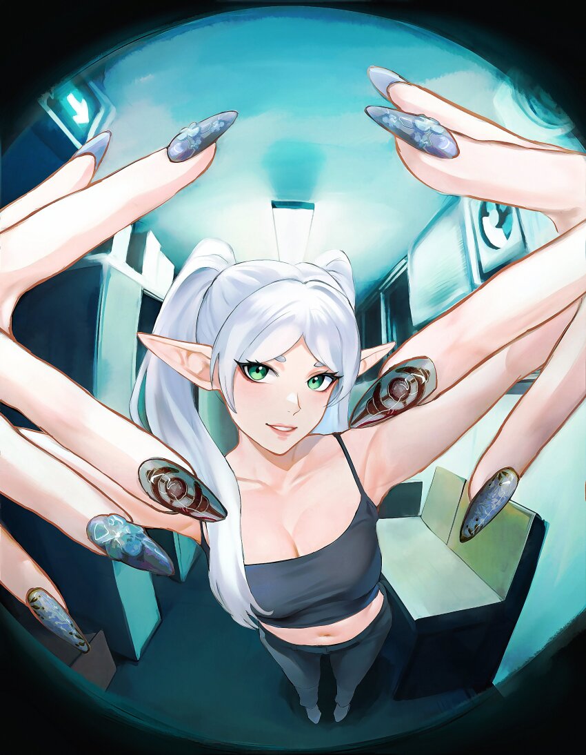 1girl absurdres black_camisole black_pants blue_nails breasts camisole cleavage commentary crop_top elf fisheye foreshortening frieren green_eyes highres indoors long_hair nail_art nail_polish navel pants parted_lips pointy_ears pov_peephole sira_(si12o2) solo sousou_no_frieren standing twintails white_hair