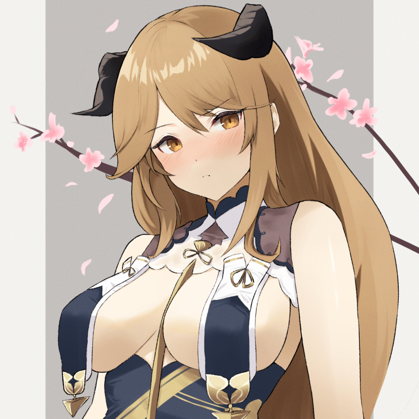 1girl alternate_costume arknights bare_shoulders between_breasts black_horns blush branch breast_curtain breast_curtains breasts brown_eyes brown_hair cherry_blossoms closed_mouth commentary_request dr.lamina flower grey_background hair_between_eyes highres horns large_breasts long_hair looking_at_viewer meteorite_(arknights) ornamental_weight partial_commentary petals pink_flower revealing_clothes simple_background solo upper_body