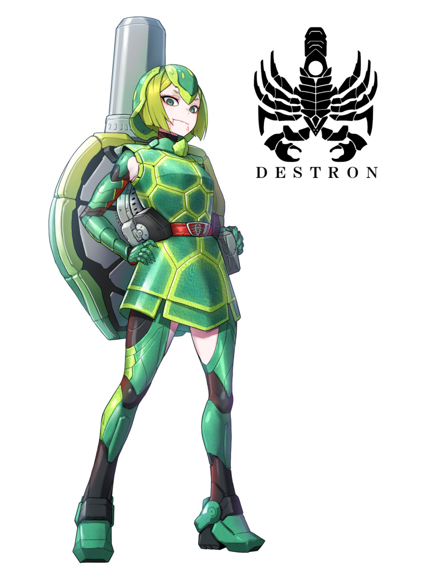 1girl armor armored_boots armored_dress belt belt_buckle boots buckle cannon commentary cyborg dress eidenjyou1997 elbow_gloves english_commentary gauntlets genderswap genderswap_(mtf) gloves green_eyes green_footwear green_gloves green_hair hands_on_own_hips highres kaijin kame_bazooka kamen_rider kamen_rider_v3_(series) logo monster_girl red_belt short_dress short_hair simple_background solo turtle_girl turtle_shell white_background