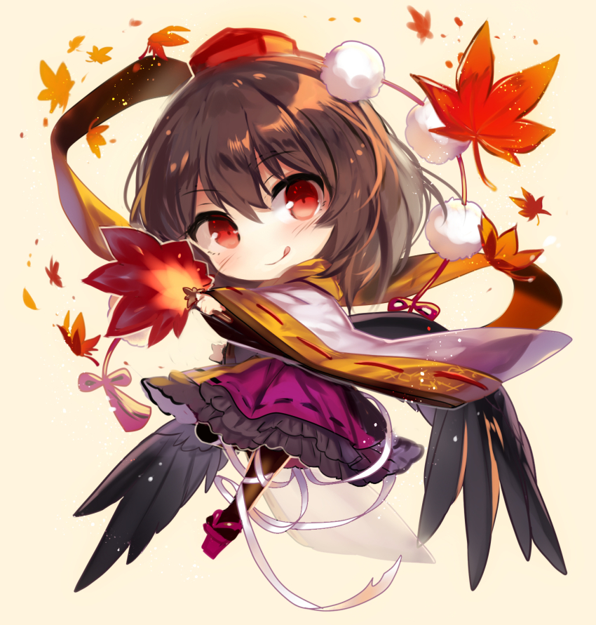 1girl :q autumn_leaves black_hair black_pantyhose black_wings blush brown_background brown_scarf chibi closed_mouth commentary_request feathered_wings frilled_skirt frills fuepo full_body geta hair_between_eyes hand_fan hat highres holding holding_fan leaf leaf_fan long_sleeves looking_at_viewer low_wings maple_leaf mini_hat pantyhose pom_pom_(clothes) purple_footwear purple_skirt red_eyes red_hat ribbon ribbon-trimmed_skirt ribbon-trimmed_sleeves ribbon_trim scarf shameimaru_aya simple_background skirt smile solo tengu-geta tokin_hat tongue tongue_out touhou v-shaped_eyebrows white_ribbon wide_sleeves wings