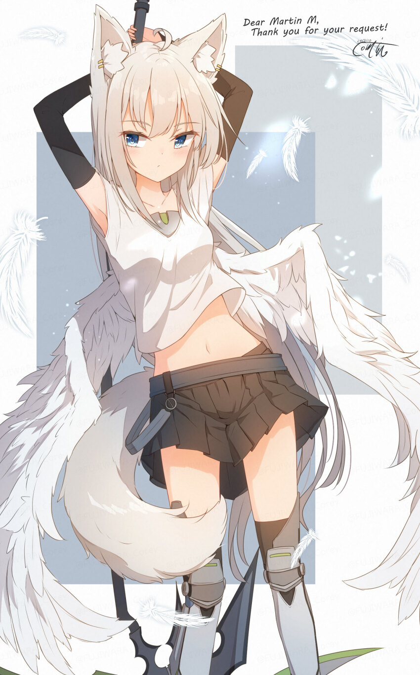 1girl absurdres ahoge animal_ears armored_boots arms_up black_skirt black_thighhighs blue_eyes boots bridal_gauntlets closed_mouth commentary_request commission coreytaiyo crop_top dated feathered_wings feathers feet_out_of_frame fox_ears fox_girl fox_tail grey_hair hair_between_eyes highres knee_boots long_hair midriff navel original pleated_skirt shirt signature skeb_commission skirt solo standing tail thank_you thighhighs thighhighs_under_boots very_long_hair white_feathers white_shirt white_wings wings