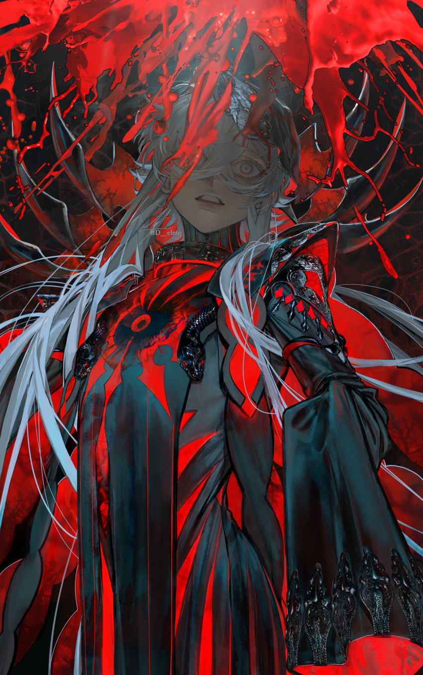 1boy asclepius_(fate) au_(d_elete) blood fate/grand_order fate_(series) green_eyes grey_hair highres hood long_hair long_sleeves male_focus red_theme signature sleeves_past_fingers sleeves_past_wrists snake twitter_username