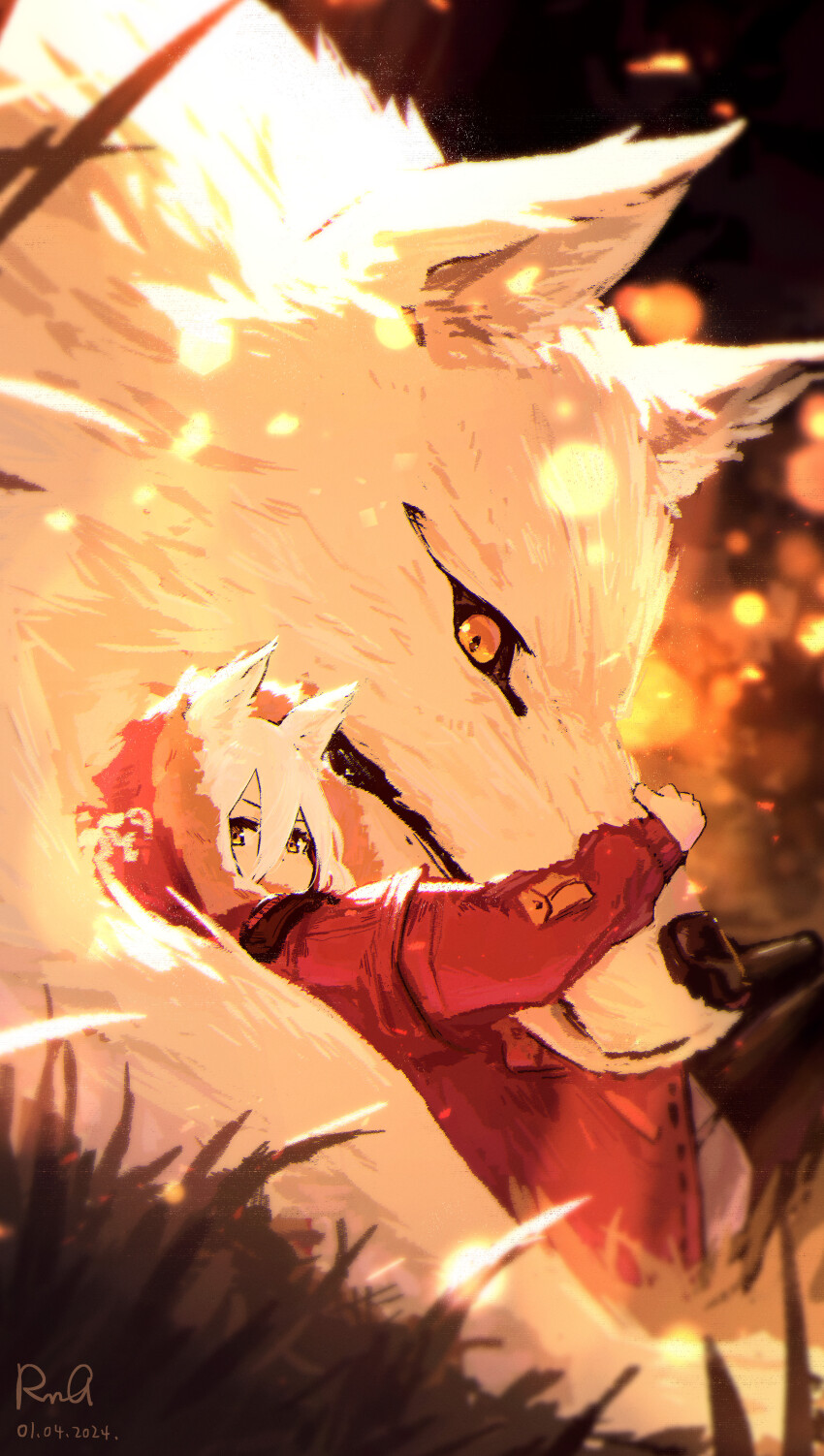 1girl absurdres animal animal_ears arknights dated fur-trimmed_hood fur_trim grey_hair hair_between_eyes highres hood hood_up hooded_jacket jacket long_sleeves looking_at_viewer oversized_animal projekt_red_(arknights) red_jacket rnna signature solo wolf wolf_ears wolf_girl yellow_eyes