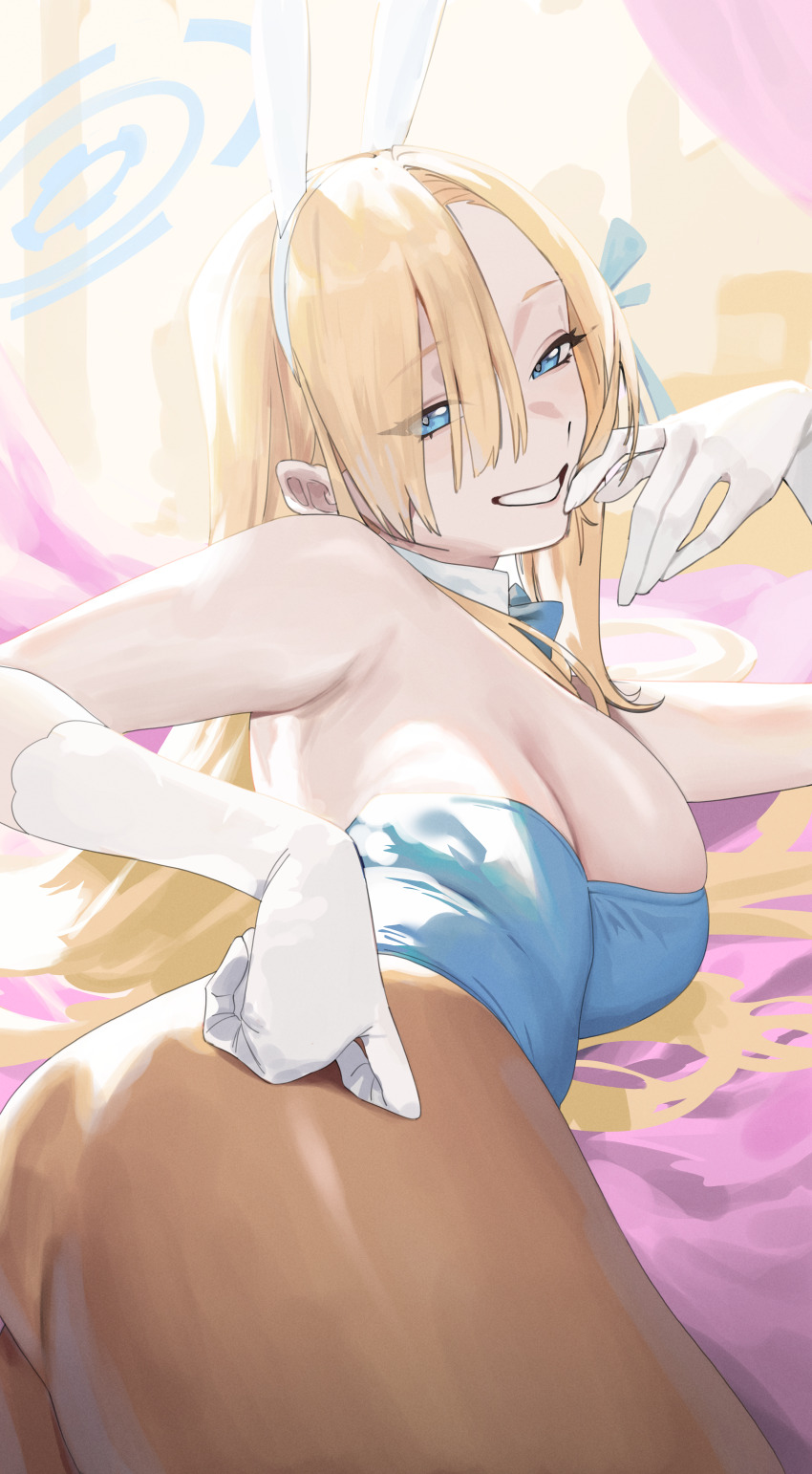 1girl absurdres animal_ear_hairband animal_ears armpits asuna_(blue_archive) asuna_(bunny)_(blue_archive) black_pantyhose blonde_hair blue_archive blue_bow blue_bowtie blue_eyes blue_leotard bow bowtie breasts commentary detached_collar fake_animal_ears finger_to_mouth from_side gloves grin hair_over_one_eye hairband halo hand_on_own_hip highres large_breasts leotard long_hair looking_at_viewer lying official_alternate_costume on_side pantyhose playboy_bunny pokoporoko rabbit_ear_hairband rabbit_ears sideboob sidelocks smile solo white_gloves white_hairband