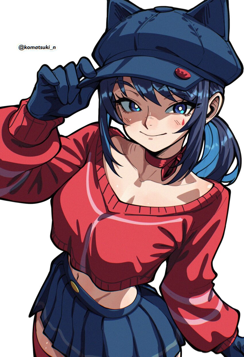 1girl absurdres adjusting_clothes adjusting_headwear animal_ear_headwear animal_ears blue_eyes blue_gloves blue_hair blue_skirt breasts bright_pupils cabbie_hat cat_ears choker closed_mouth collarbone commentary cool_mita_(miside) cowboy_shot crop_top cropped_sweater fake_animal_ears gloves hat highres komatsuki_n long_sleeves looking_at_viewer medium_breasts medium_hair midriff miside mita_(miside) navel pleated_skirt red_choker red_sweater red_thighhighs simple_background skirt smile solo standing sweater thighhighs twitter_username white_background white_pupils