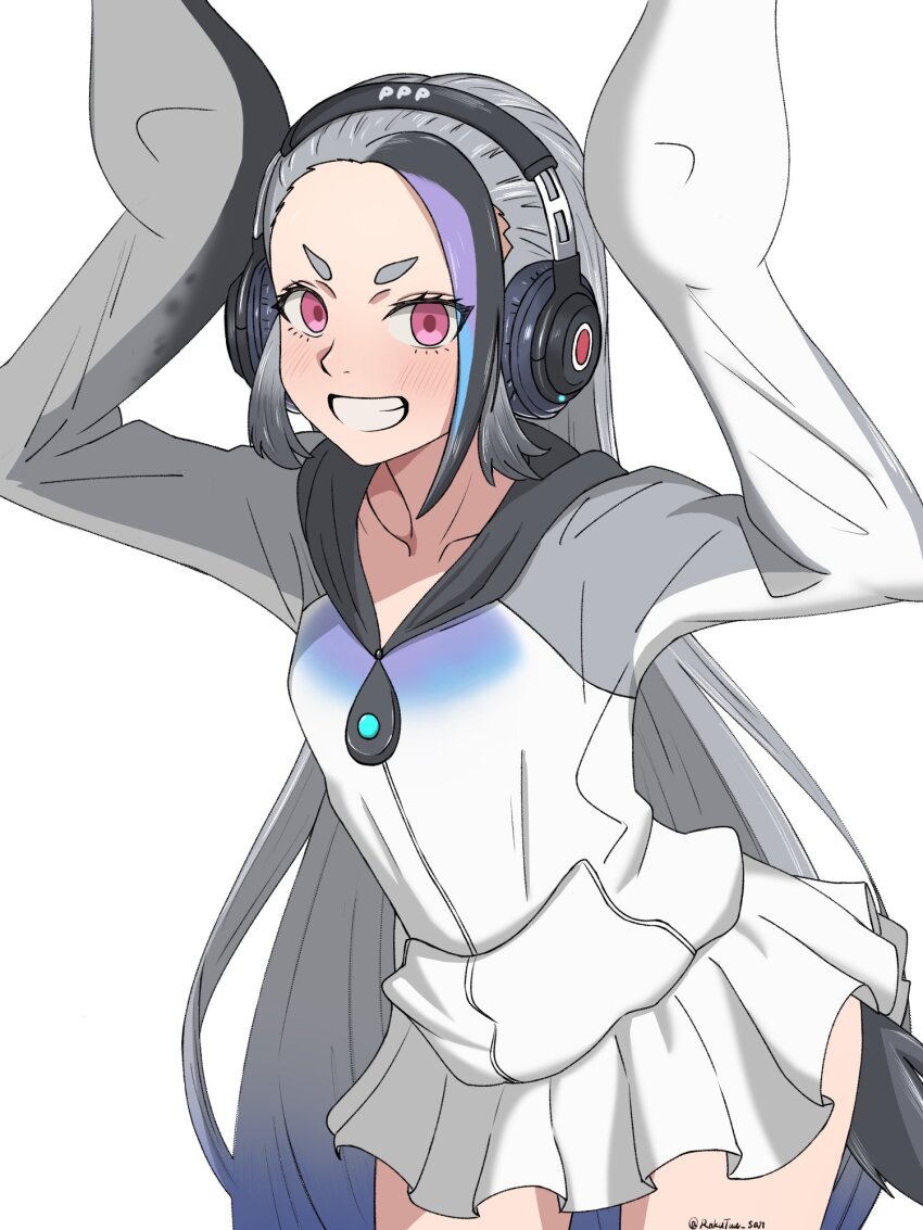 1girl black_hair blue_hair blush collarbone cowboy_shot giant_penguin_(kemono_friends) grey_hair grey_hoodie grey_mittens headphones highres hood hoodie kemono_friends long_hair long_sleeves looking_at_viewer mittens multicolored_hair penguin_girl penguin_tail pleated_skirt purple_hair rabbit_pose raku_tuu red_eyes skirt smile solo tail white_background white_hair white_hoodie white_skirt