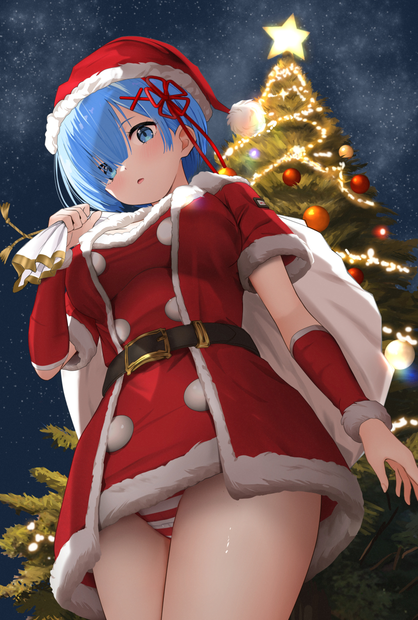 1girl :o absurdres alternate_costume blue_hair christmas christmas_tree dress from_below fur-trimmed_jacket fur_trim gibun_(sozoshu) hair_ribbon hat highres holding holding_sack jacket open_clothes open_jacket outdoors panties re:zero_kara_hajimeru_isekai_seikatsu red_dress red_hat red_jacket red_ribbon rem_(re:zero) ribbon sack santa_costume santa_dress santa_hat short_hair short_sleeves sky star_(sky) starry_sky striped_clothes striped_panties underwear