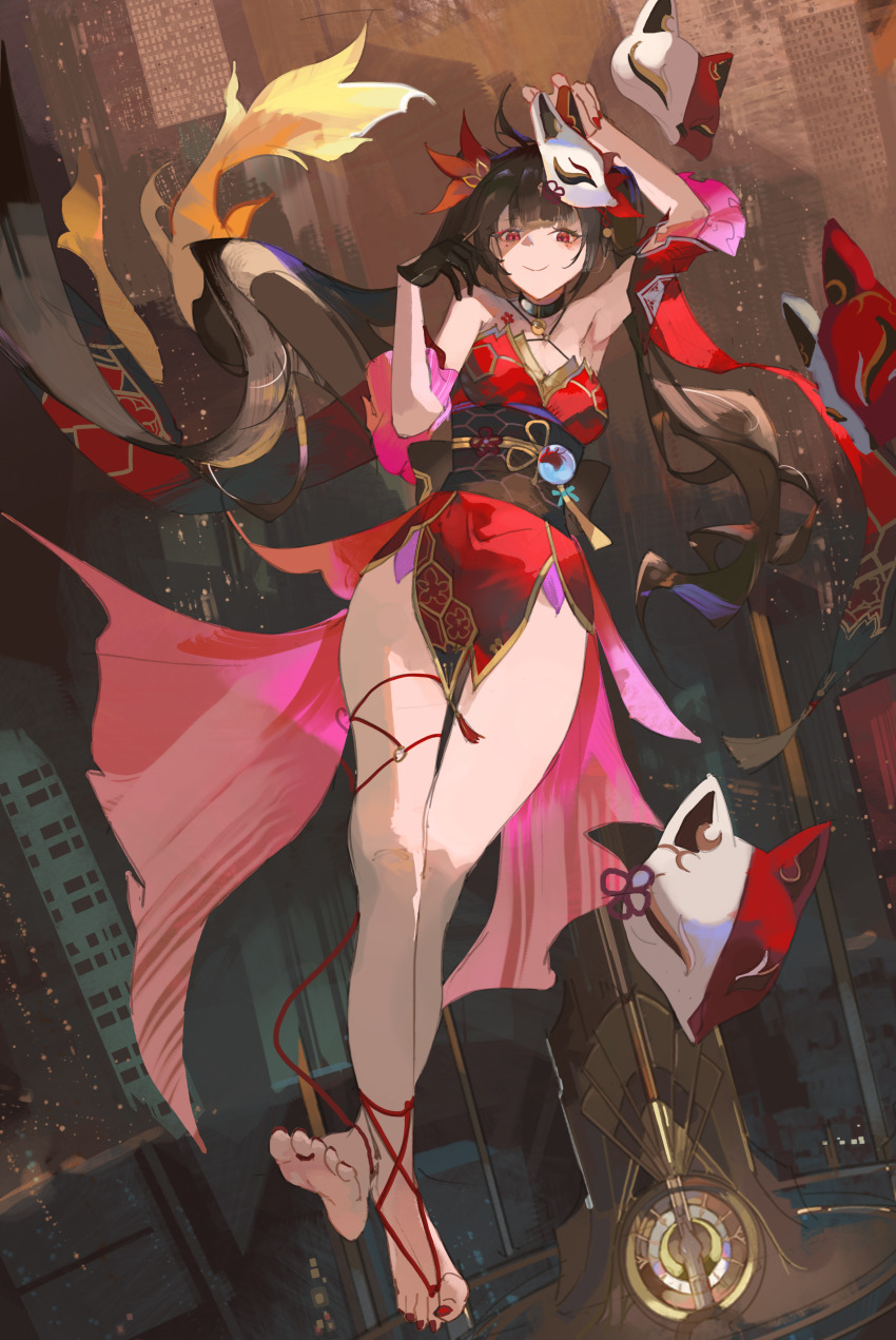 1girl absurdres arm_up armpits bare_shoulders barefoot bell black_choker black_gloves black_sash breasts brown_hair butterfly-shaped_pupils choker cmdr_saturn detached_sleeves dress flower_tattoo fox_mask full_body gloves highres honkai:_star_rail honkai_(series) long_hair looking_at_viewer mark_under_both_eyes mask mask_on_head neck_bell pink_eyes red_dress red_eyes red_sleeves sash single_glove smile solo sparkle_(honkai:_star_rail) symbol-shaped_pupils tattoo twintails