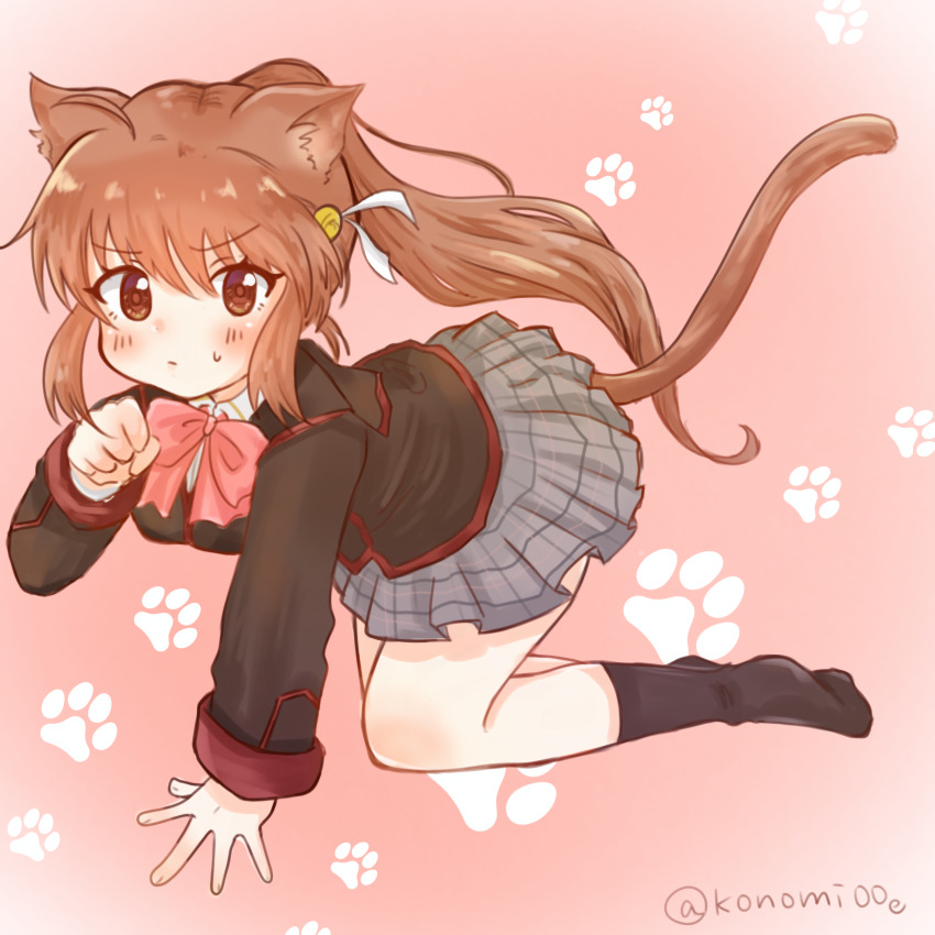 1girl absurdres ahoge all_fours animal_ear_fluff animal_ears bell black_jacket black_socks blush bow bright_pupils brown_eyes brown_hair cat_ears cat_girl cat_tail commentary eyes_visible_through_hair floating_hair frown grey_skirt hair_bell hair_between_eyes hair_ornament hair_ribbon hand_up highres jacket jingle_bell kemonomimi_mode kneehighs konomi_(konomi00e) little_busters! little_busters!_school_uniform long_hair long_sleeves looking_at_viewer miniskirt natsume_rin no_shoes paw_pose paw_print pink_background pink_bow plaid_clothes plaid_skirt pleated_skirt ponytail ribbon school_uniform sidelocks simple_background skirt socks solo sweatdrop tail tail_raised tsurime twitter_username v-shaped_eyebrows very_long_hair white_ribbon