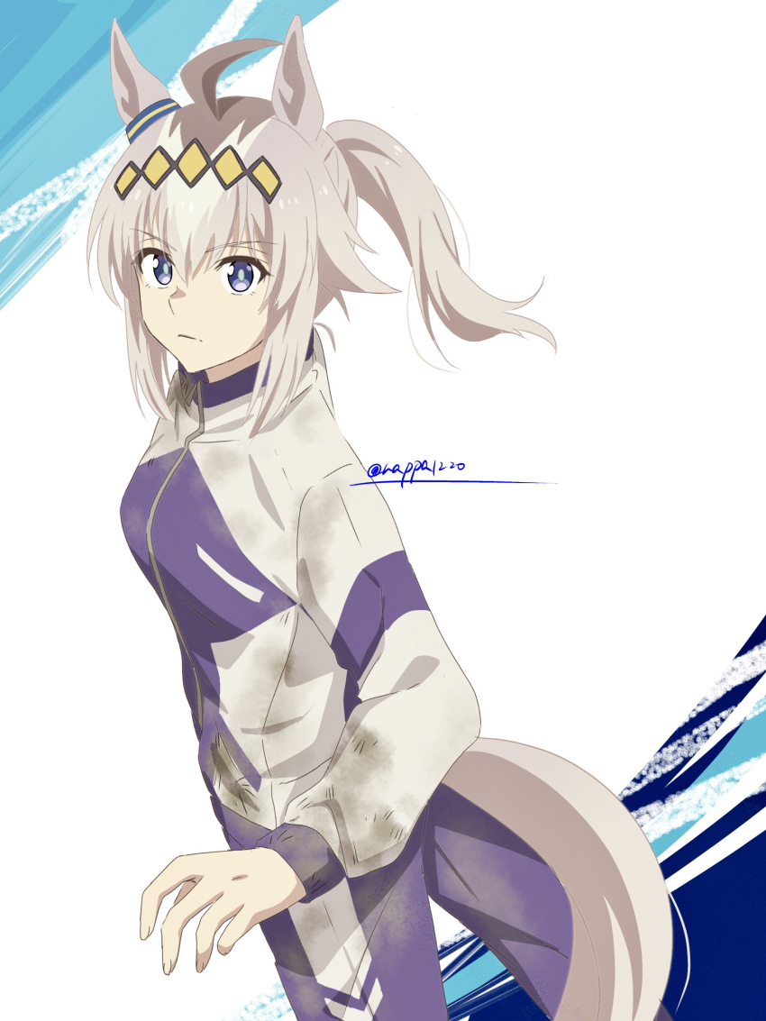 1girl ahoge animal_ears anime_coloring blue_eyes ear_ornament grey_hair hair_ornament highres horse_ears horse_girl horse_tail jacket nk-43g official_style oguri_cap_(umamusume) pants ponytail purple_jacket purple_pants solo tail track_jacket track_suit twitter_username umamusume umamusume:_cinderella_gray white_hair