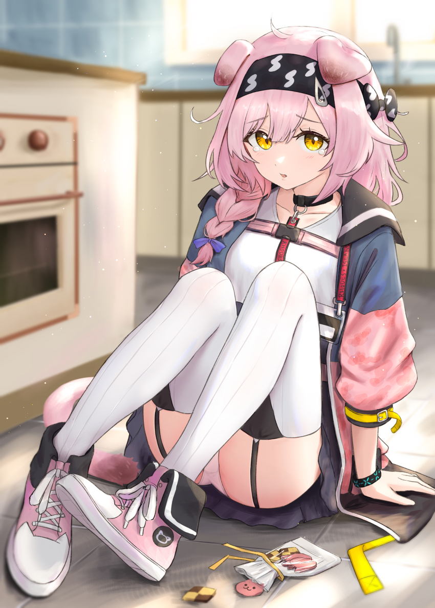 1girl :3 absurdres ahoge animal_ears arknights bag black_bow black_choker black_garter_straps black_headband blue_jacket blush bow breasts cat_ears cat_girl cat_tail chest_belt chinese_commentary choker cookie floppy_ears food garter_straps goldenglow_(arknights) hair_ornament hairclip headband highres jacket kitchen light_particles lightning_bolt_print long_hair long_sleeves looking_at_viewer multicolored_jacket open_mouth oven panties pink_hair pink_jacket pink_panties pink_shoes pink_tail ribbed_thighhighs runyo_(yale12312) shirt shoes sitting sneakers solo tail tearing_up thighhighs thighs underwear white_shirt white_thighhighs wristband yellow_eyes