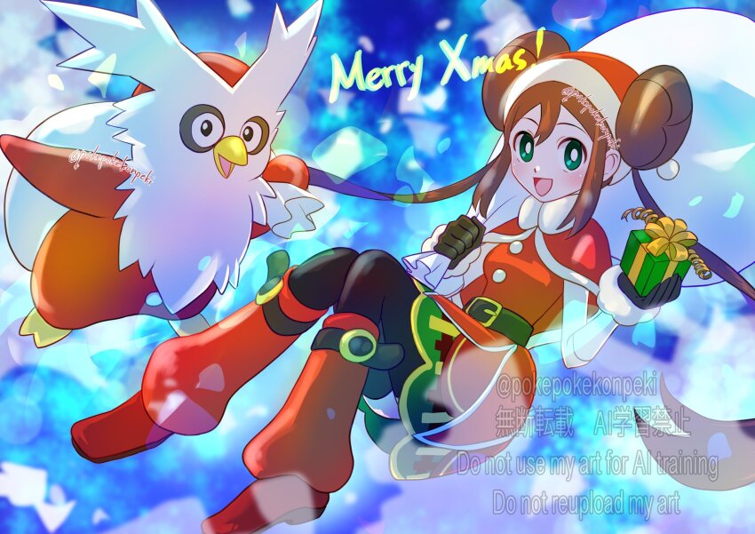 1girl :d black_gloves black_thighhighs box brown_hair capelet creatures_(company) delibird double_bun dress game_freak gen_2_pokemon gift gift_box gloves green_eyes hair_bun hat highres holding holding_gift holding_sack long_hair looking_at_viewer merry_christmas nintendo open_mouth pokemon pokemon_(creature) pokemon_masters_ex pokepokekonpeki red_capelet red_footwear red_hat rosa_(holiday_2019)_(pokemon) rosa_(pokemon) sack santa_dress santa_hat smile snow thighhighs twintails twitter_username