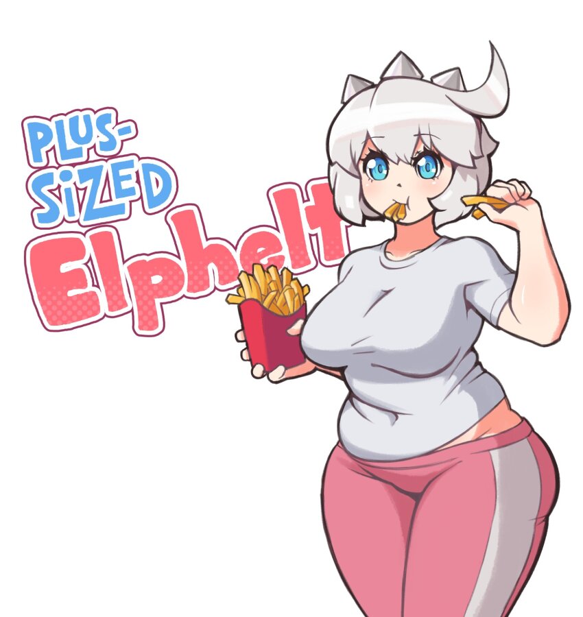 1girl ahoge blue_eyes blush breasts character_name closed_mouth collarbone cowboy_shot elf-san_wa_yaserarenai. elphelt_valentine food french_fries grey_hair grey_shirt guilty_gear hair_between_eyes hairband highres holding holding_food large_breasts looking_at_viewer medium_hair pants pink_pants plump scarlet_evergleam shirt short_sleeves simple_background solo spiked_hairband spikes thick_thighs thighs white_background