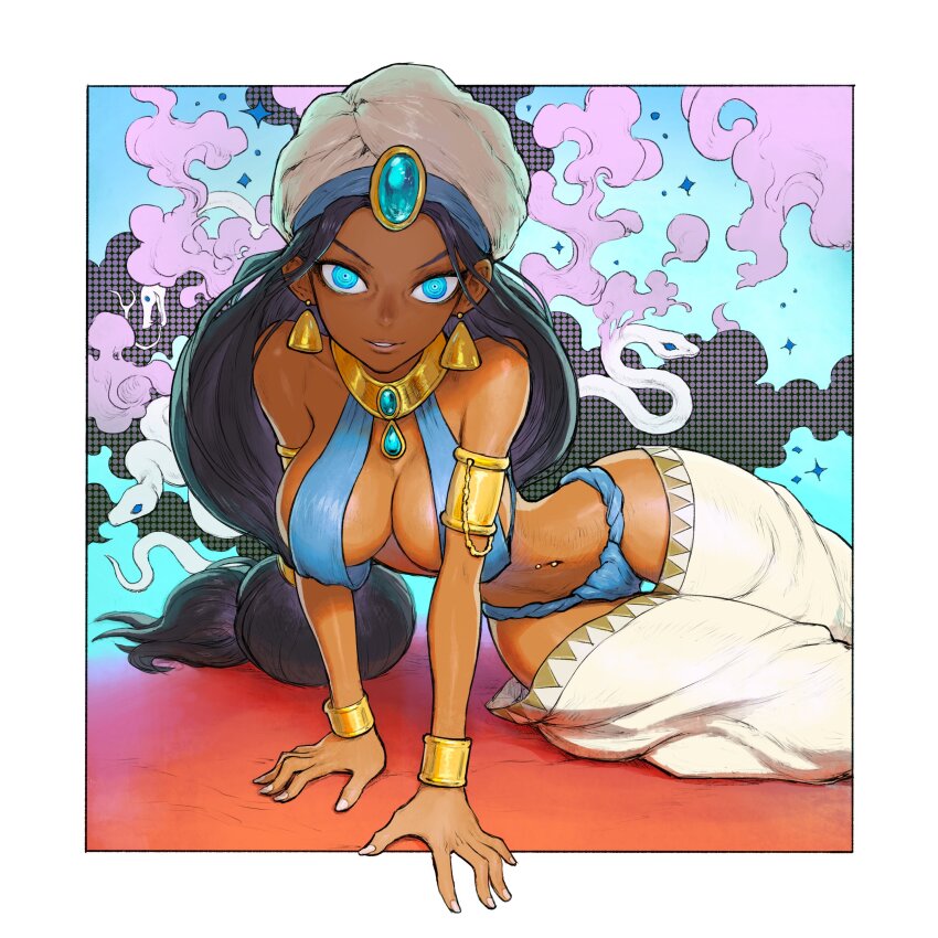 1girl absurdres armlet black_hair blue_eyes blue_fundoshi border bracelet breasts cleavage commentary dark-skinned_female dark_skin dattosan earrings english_commentary fingernails fundoshi gem gold highres japanese_clothes jewelry long_hair low-tied_long_hair navel_piercing original outside_border parted_lips piercing ponytail revealing_clothes ringed_eyes snake solo teeth very_long_hair white_border white_headdress