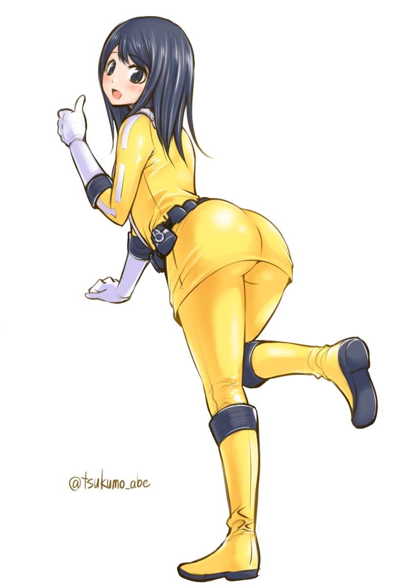 1girl abe_tsukumo animification ass bodysuit breasts engine_sentai_go-onger gloves highres long_hair looking_at_viewer open_mouth rouyama_saki simple_background smile solo super_sentai thumbs_up white_background yellow_bodysuit