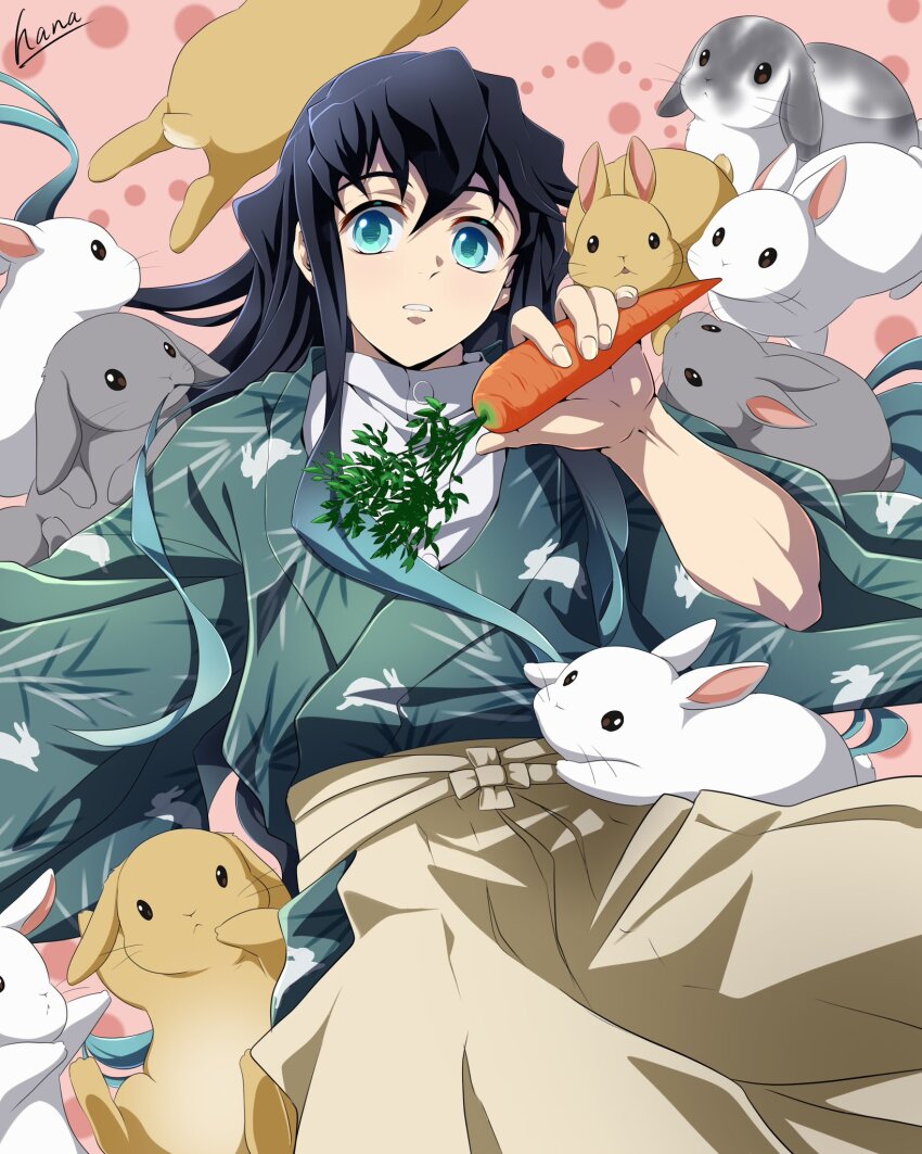 1boy alternate_costume aqua_eyes aqua_hair aqua_kimono black_hair carrot gradient_hair grey_fur hana_ni_nare highres holding holding_carrot japanese_clothes kimetsu_no_yaiba kimono long_hair long_sleeves looking_at_viewer male_focus multicolored_fur multicolored_hair rabbit teeth tokitou_muichirou two-tone_hair white_fuw yellow_fur yukata