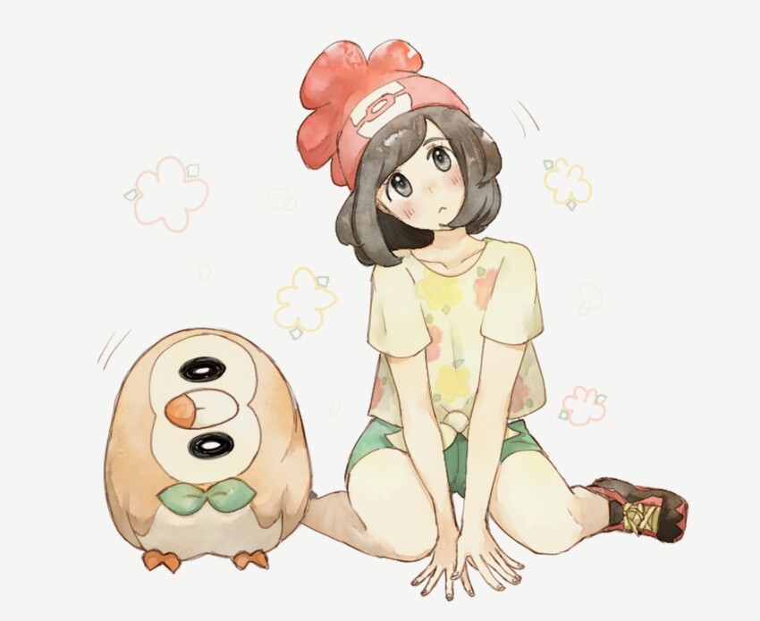 1girl :&lt; asuka_rkgk beanie black_footwear blush closed_mouth collarbone creatures_(company) floral_print game_freak gen_7_pokemon green_shorts grey_eyes hat head_tilt highres imitating looking_up motion_lines nintendo own_hands_together pokemon pokemon_(creature) pokemon_sm rowlet selene_(pokemon) shirt shoes short_sleeves shorts sitting tied_shirt white_background yellow_shirt