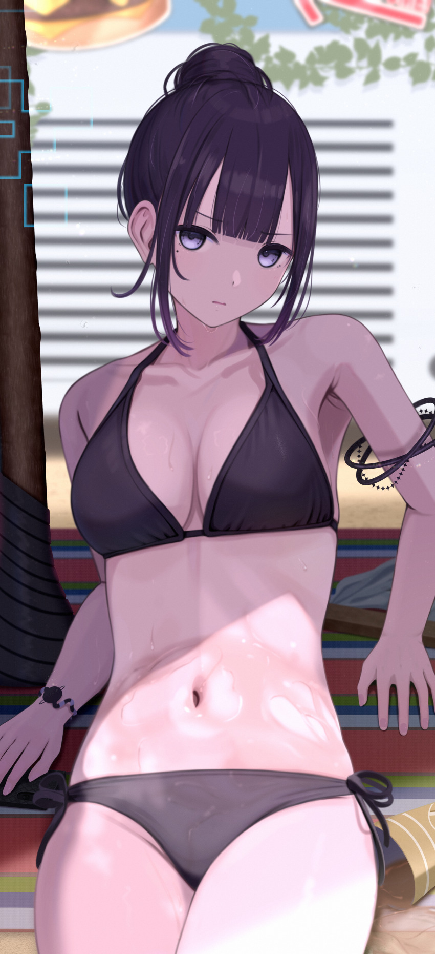 1girl absurdres armlet beach_mat bikini black_bikini blunt_bangs blurry blurry_background bracelet breasts cleavage collarbone hair_bun halterneck highres inaka_44 jewelry looking_at_viewer medium_breasts mole mole_under_eye navel original outdoors paid_reward_available parted_lips purple_eyes purple_hair side-tie_bikini_bottom sidelocks single_hair_bun solo sweat swimsuit