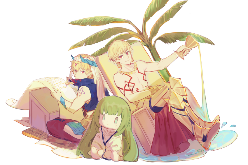 2boys arabian_clothes armor bad_id bad_pixiv_id chalice character_doll cropped_vest csyday cuneiform cup dual_persona enkidu_(fate) fate/grand_order fate_(series) gilgamesh gilgamesh_(caster)_(fate) gilgamesh_(fate) highres jewelry multiple_boys necklace palm_tree pouring sitting tattoo topless_male tree turban vest writing