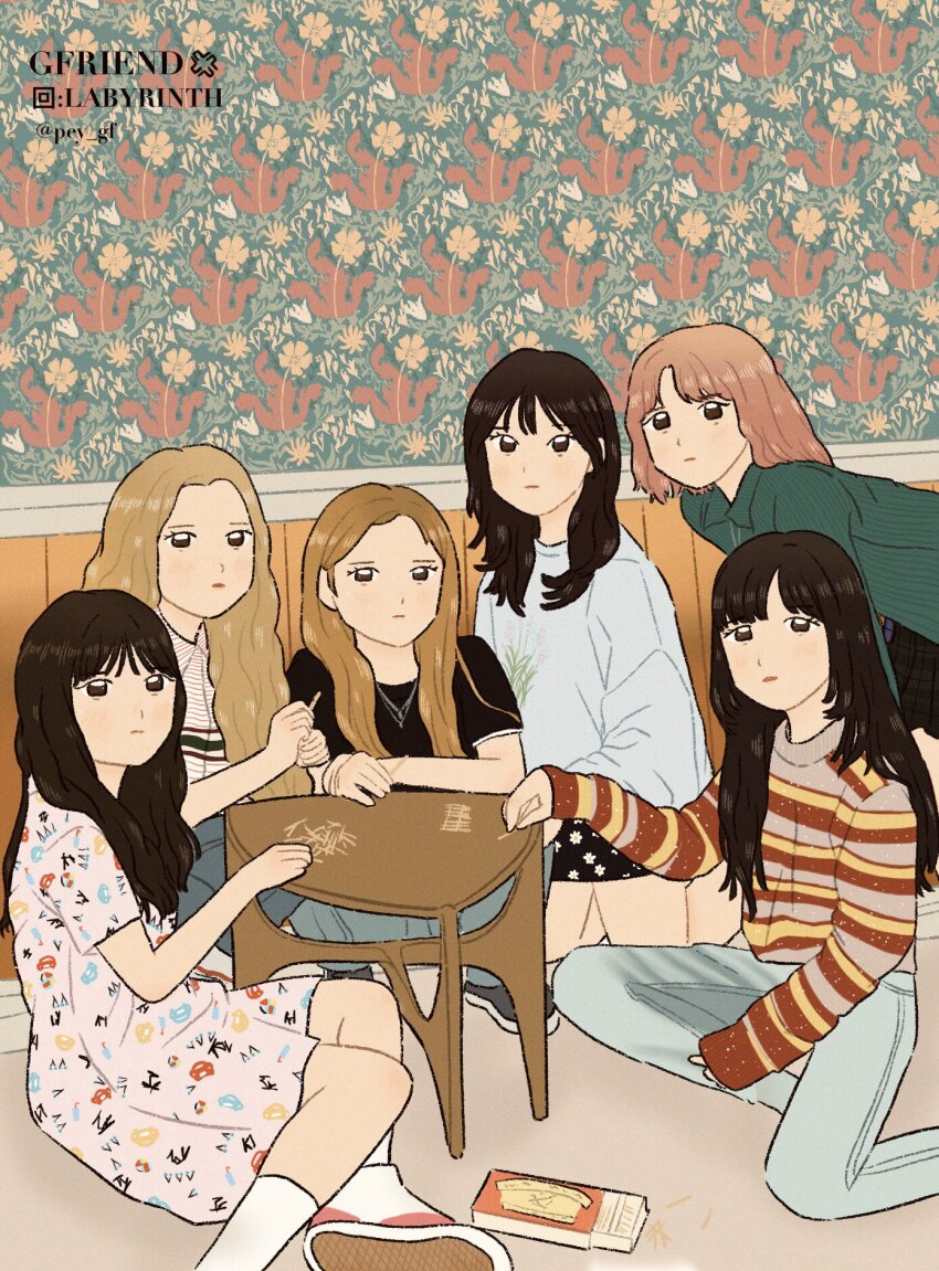 6+girls black_hair black_shirt blonde_hair blunt_bangs brown_hair chibi commentary dress eunha_(gfriend) expressionless gfriend group_name highres k-pop long_hair looking_at_viewer medium_hair multiple_girls pey_gf pink_hair real_life shirt sinb_(gfriend) sitting sowon_(gfriend) striped_clothes striped_shirt t-shirt umji_(gfriend) yerin_(gfriend) yuju_(gfriend)