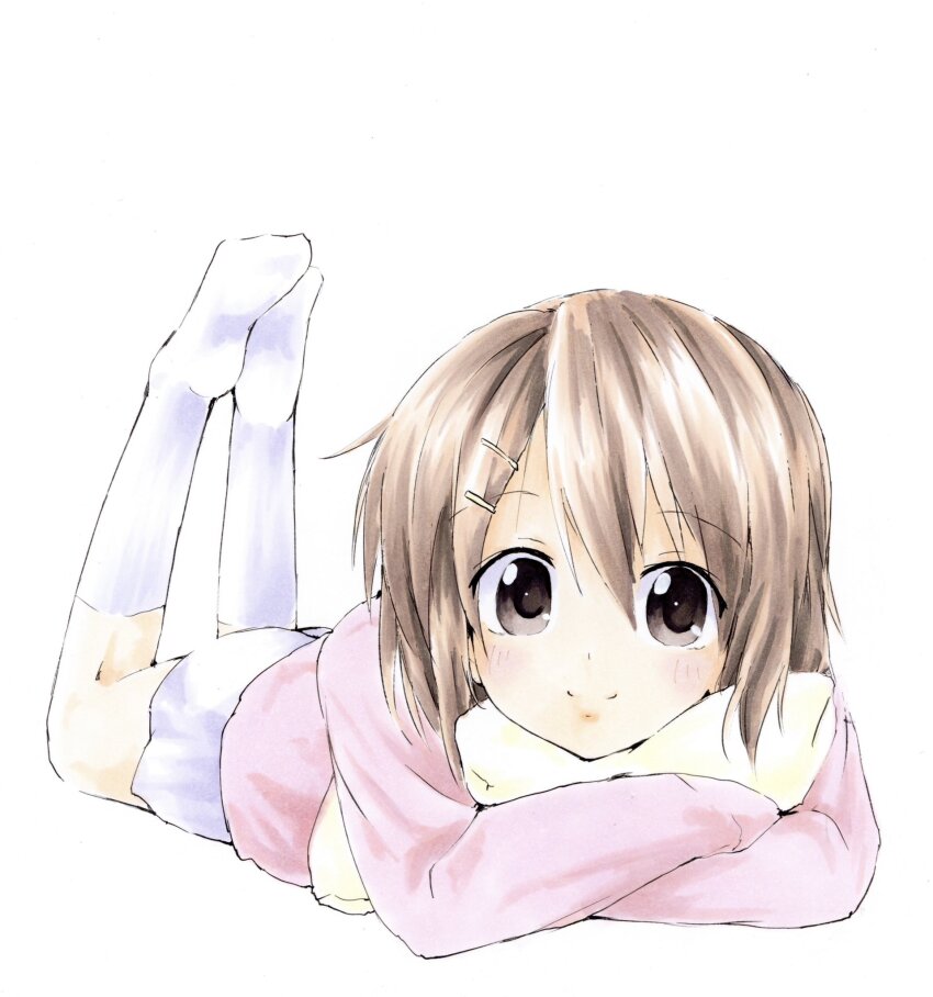 1girl brown_eyes brown_hair hair_ornament hairclip highres hirasawa_yui hugging_object k-on! lying on_stomach pillow pillow_hug shiki_59 short_hair smile socks solo the_pose