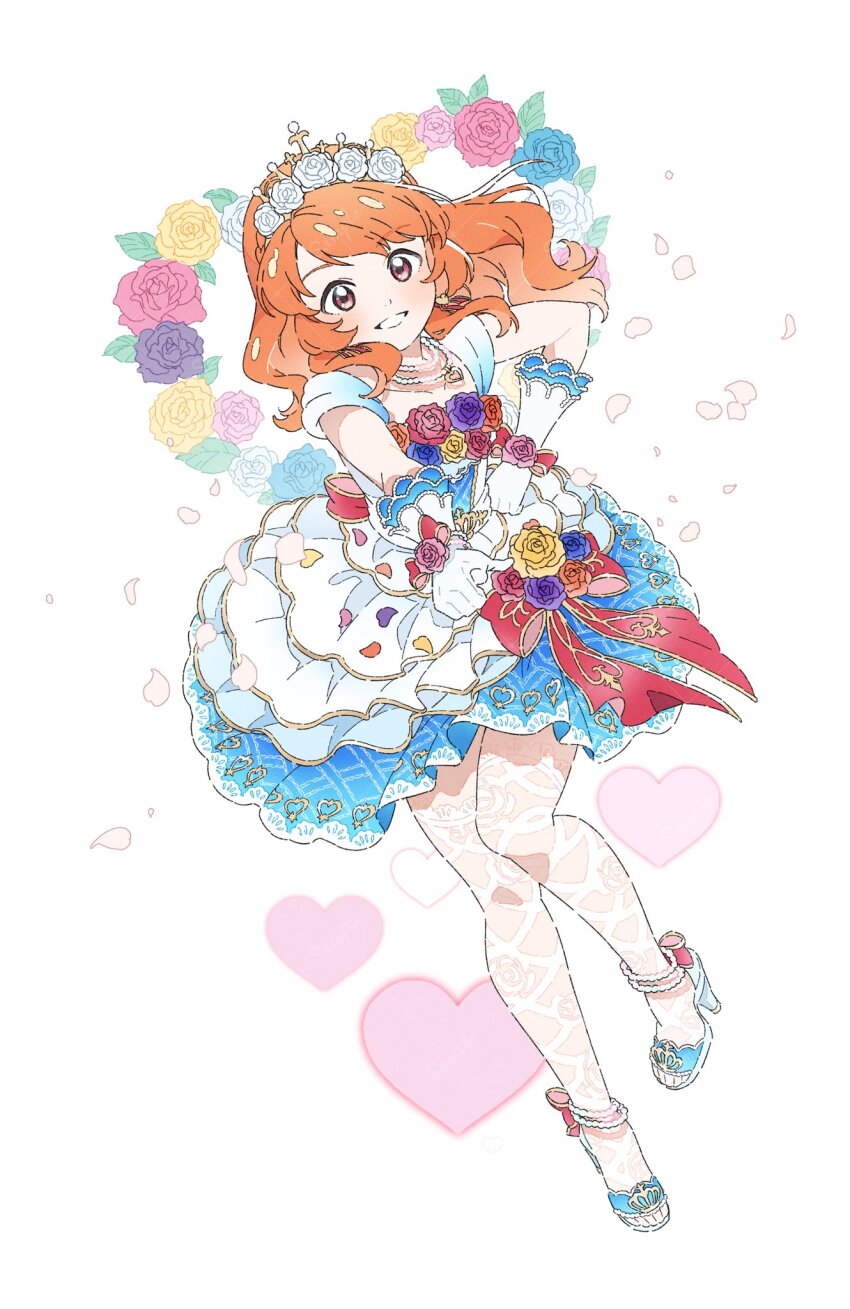 1girl :d aikatsu! aikatsu!_(series) blush dress floral_background flower full_body ginjiro_(ginjiroxx) gloves hair_flower hair_ornament hand_on_own_hip heart high_heels highres idol_clothes long_hair looking_at_viewer open_mouth orange_hair ozora_akari petals purple_flower purple_rose red_eyes red_flower red_ribbon red_rose ribbon rose sandals smile solo standing thighhighs tiara white_background white_dress white_flower white_gloves white_rose white_thighhighs yellow_flower yellow_rose