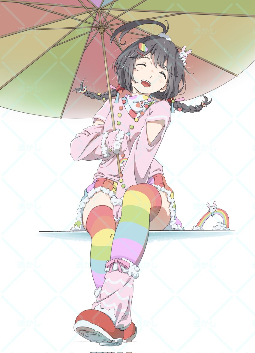 1girl absurdres ahoge black_hair braid copyright_request full_body hair_ornament hair_scrunchie happy highres holding holding_umbrella leg_warmers long_hair open_mouth pink_leg_warmers rabbit_hair_ornament rainbow scrunchie shoes smile solo sweater tanaka29556626 twin_braids umbrella