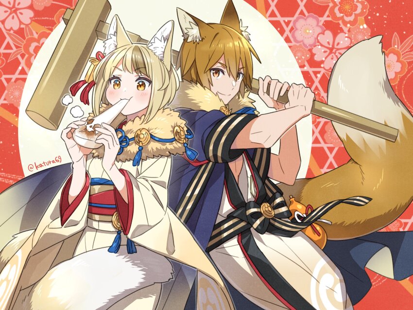 1boy 1girl animal_ear_fluff animal_ears blonde_hair brown_eyes brown_hair closed_mouth eating father_and_daughter fire_emblem fire_emblem_fates fire_emblem_heroes food fox_ears fox_tail hair_between_eyes hair_ornament hammer highres holding holding_hammer japanese_clothes kaden_(fire_emblem) kaden_(new_year)_(fire_emblem) katsura_ichiho kimono long_sleeves looking_at_viewer mochi mochi_trail multicolored_hair nintendo official_alternate_costume selkie_(fire_emblem) selkie_(new_year)_(fire_emblem) short_hair smile tail twitter_username two-tone_hair wide_sleeves