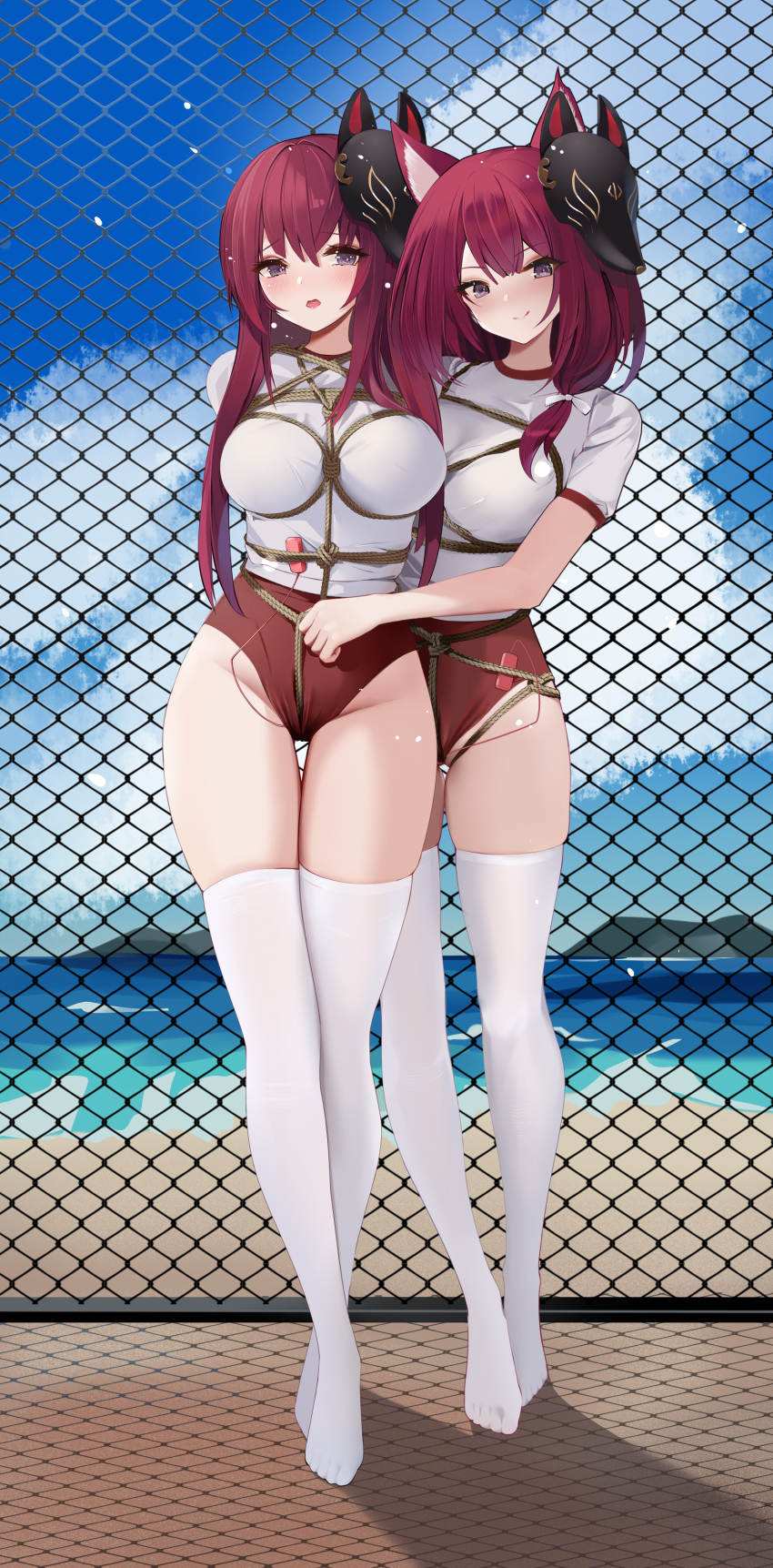 2girls absurdres animal_ear_fluff animal_ears arms_behind_back azur_lane bdsm bondage bound bound_arms bound_wrists buruma chain-link_fence chitose_(azur_lane) chiyoda_(azur_lane) closed_mouth cloud crotch_rope day eyes_visible_through_hair feet fence fox_ears fox_girl fox_mask full_body gym_uniform highres japanese_clothes long_hair looking_at_viewer mask mask_on_head multiple_girls no_shoes open_mouth outdoors panties red_hair restrained revision rope sex_toy shibari standing thighhighs underwear vibrator vibrator_under_clothes vibrator_under_panties white_legwear yuuraku_yuraku