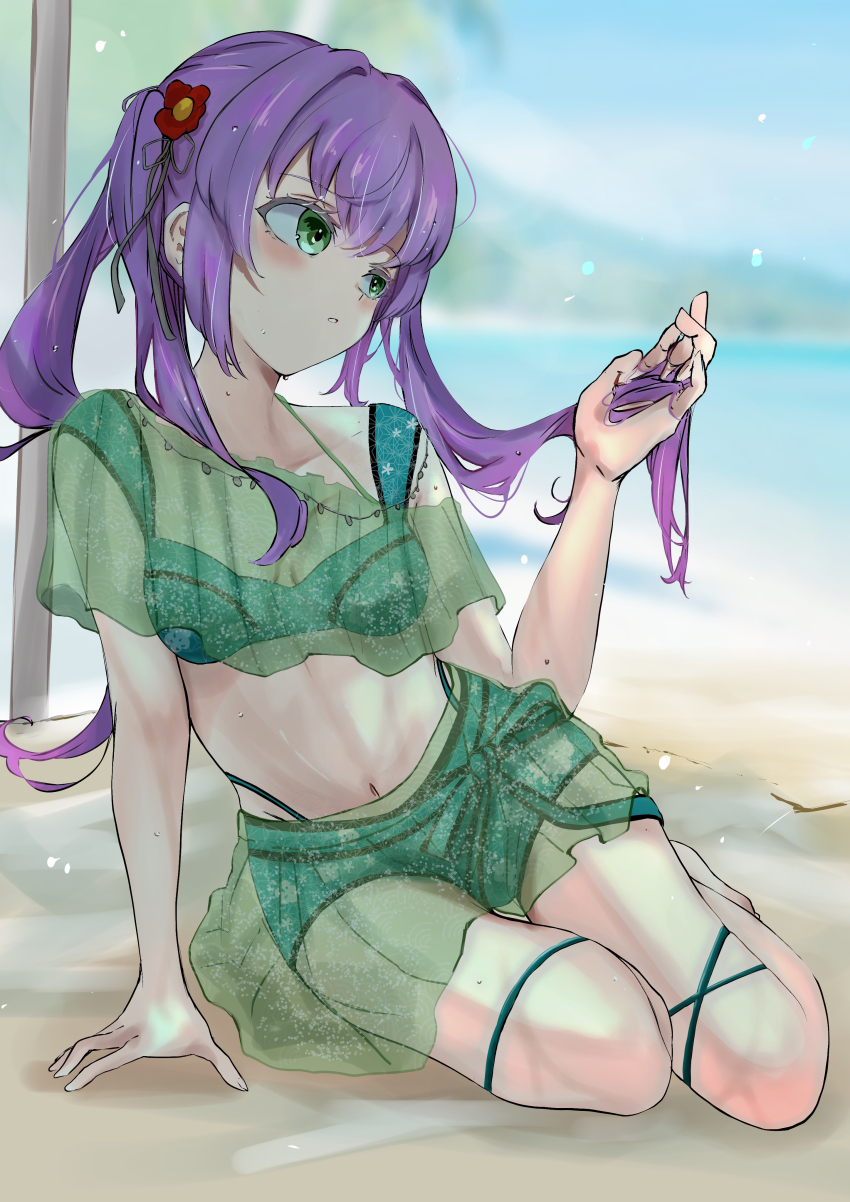 1girl absurdres alternate_costume alternate_hairstyle beach bikini breasts cleavage collarbone commentary full_body green_bikini green_eyes green_sarong highres holding holding_own_hair jin_(oihlf) link!_like!_love_live! long_hair love_live! navel otomune_kozue outdoors purple_hair sarong see-through_clothes see-through_sarong sidelocks sitting small_breasts solo stomach swimsuit twintails virtual_youtuber yokozuwari