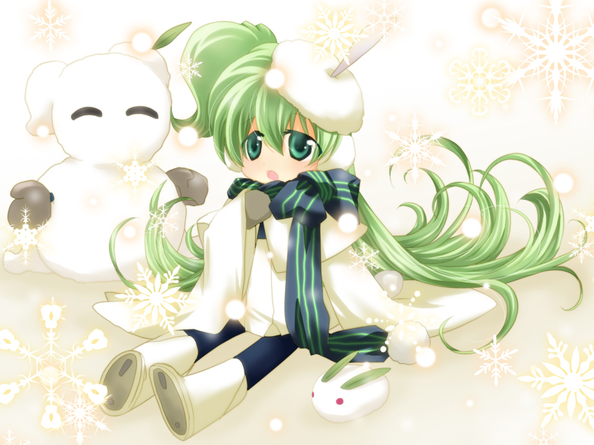 1girl apple_inc. coat green_eyes green_hair hat highres long_hair macintosh macne_nana macne_nana_petit macne_series shiu_kazuki snow snowman