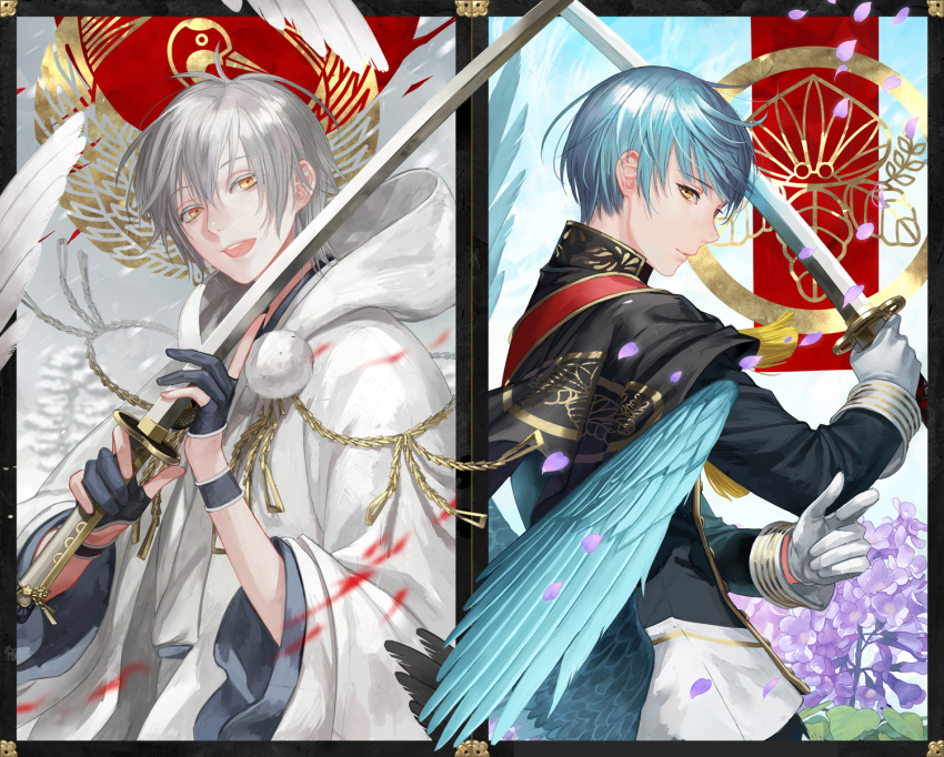 10s 2boys bad_id bad_pixiv_id black_border black_gloves blue_hair border cape flower gloves highres hood hs2 hydrangea ichigo_hitofuri japanese_clothes katana male_focus multiple_boys open_mouth partially_fingerless_gloves petals smile sword touken_ranbu tsurumaru_kuninaga weapon white_gloves white_hair wings yellow_eyes