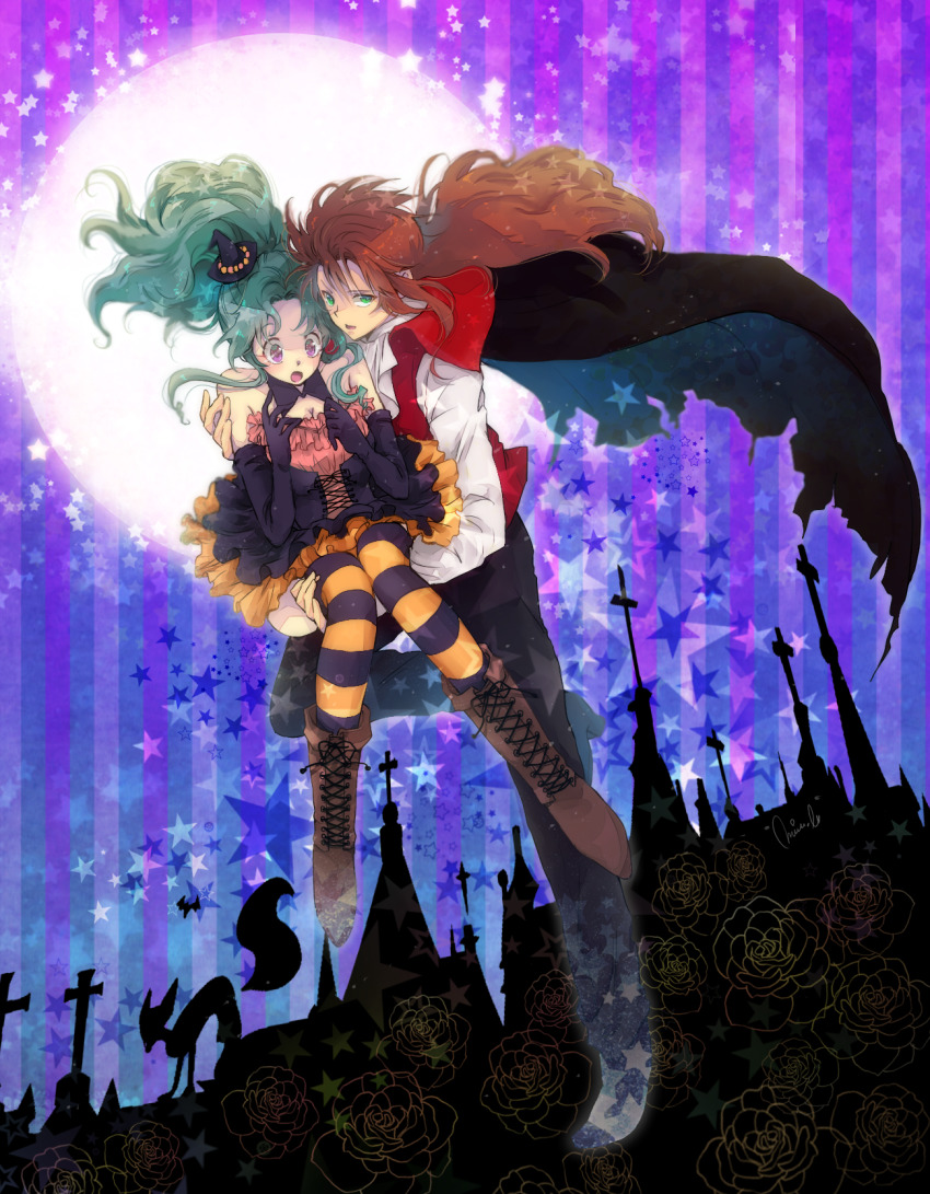 1boy 1girl botan_(yu_yu_hakusho) commentary_request dress halloween hat highres kurama_(yu_yu_hakusho) long_hair looking_at_viewer nagisa-a open_mouth red_hair thighhighs yuu_yuu_hakusho